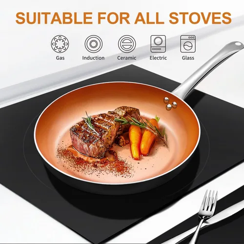 Miniatura 5 de KOCH SYSTEME CS Juego de sartenes de cerámica de cobre de 8 pulgadas + 11 pulgadas, antiadherente, apto para horno, juego de sartenes de inducción