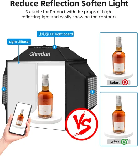Miniatura 5 de Caja de Luz Portátil Glendan para Fotografía: Caja de Foto Profesional Ajustable de 16"x16" con Luces LED CRI 480 de Alta Calidad - Caja de Luz
