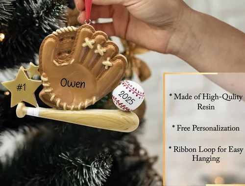 Miniatura 3 de Adorno de Navidad personalizado de béisbol 2026 Guante de béisbol con estrella dorada para árbol de Navidad – Regalo único de recuerdo