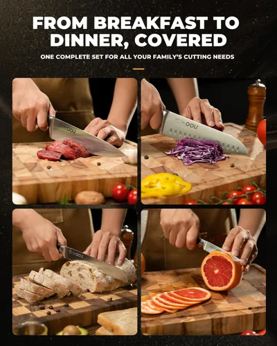 Miniatura 8 de OOU Juego de cuchillos de cocina 2025 con bloque, juego de cuchillos de acero inoxidable alemán de 15 piezas con varilla de afilar, mango de madera