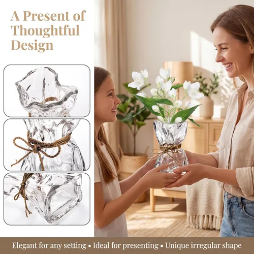 Miniatura 3 de Covzoe Jarrón de cristal, florero de forma irregular de 8.7 pulgadas de alto con cuerda de cáñamo, jarrones decorativos de arte transparente