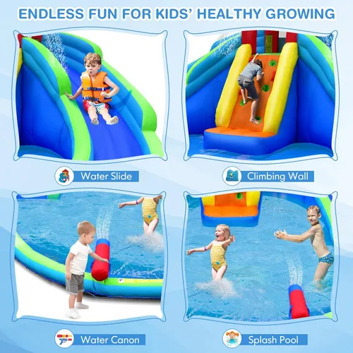 Miniatura 3 de HONEY JOY Toboganes acuáticos inflables, casa de rebote para niños con toboganes largos, pared de escalada y piscina grande para salpicaduras