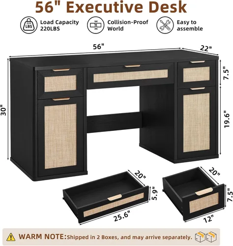Miniatura 2 de LEYAOYAO Office Desk 56" with 5 Drawers Storage File Cabinet Rattan Wood Desk for Computer Office Bedroom Home Furniture Black