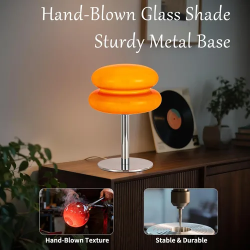 Miniatura 5 de Lámpara vintage de hongos, lámpara de cristal naranja con base de metal, lámpara de mesita de noche regulable para dormitorio, sala de estar