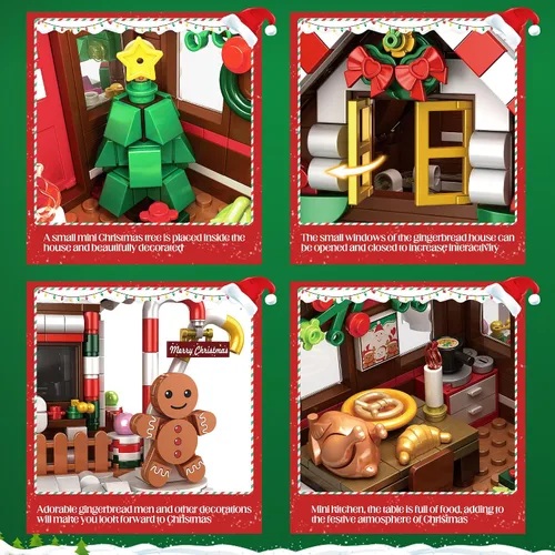 Miniatura 3 de Edificio de casa de pan de jengibre de Navidad, juego de construcción de casa de pueblo navideño, contiene árbol de Navidad y tren, juguete