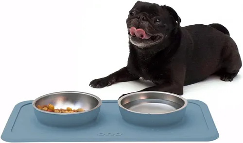 Miniatura 6 de Ono Good Bowl - Comedero doble para alimentos y agua, tapete de silicona antideslizante para mascotas pequeñas a medianas y cuencos de acero azul