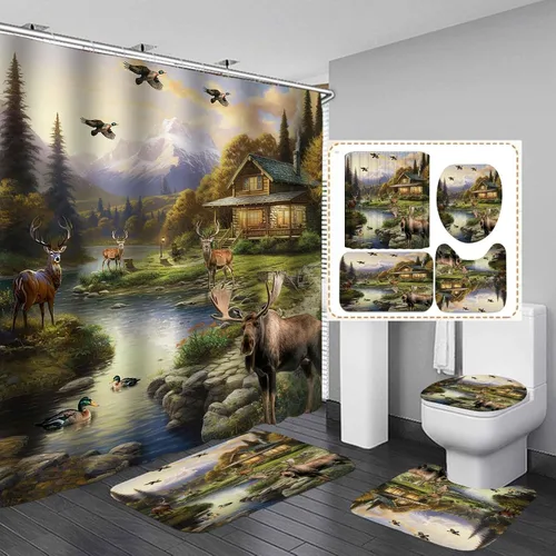 Miniatura 9 de Camille&Andrew - Juego de 4 cortinas de ducha de oso rústico negro, decoración de baño de animales salvajes, alfombra de baño antideslizante