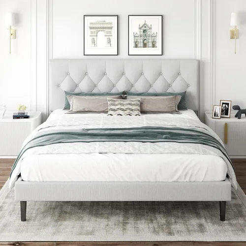 Miniatura 17 de CXVX Marco de cama de tamaño matrimonial con estructura de plataforma y cabecera tapizada, diseño con botones, listones de madera resistentes,