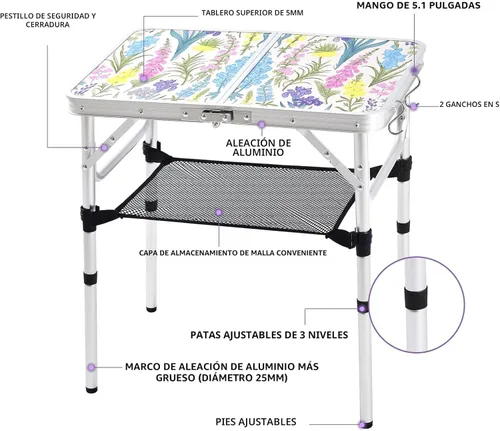 Miniatura 4 de Yriuat Mesa de camping plegable 2 pies de altura ajustable portátil pequeña mesa de cartas de aluminio plegable ligera con asa de transporte