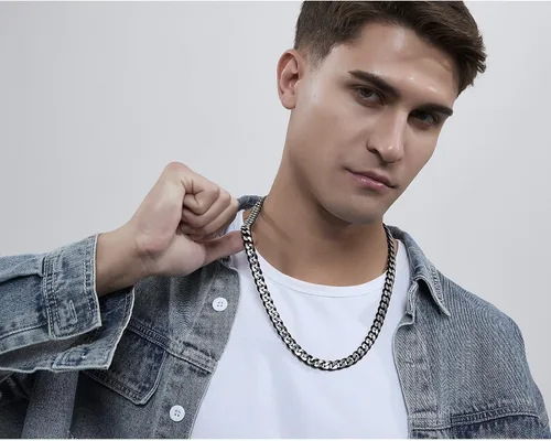 Miniatura 61 de YAMI Cadena de eslabones cubanos para hombre, azul/negro/oro de 14 quilates, acero inoxidable de 0.394-0.472 in de grosor, collar de cadena