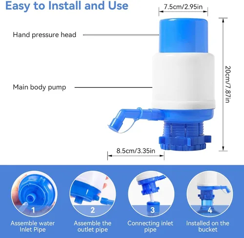 Miniatura 4 de Bomba de botellas de agua, bomba de jarra de agua portátil azul, dispensador de agua manual con un tubo extra corto que se adapta a la mayoría