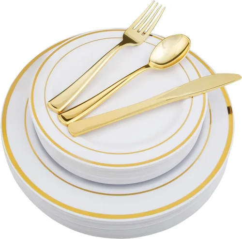 Miniatura 13 de WDF 125 platos negros desechables con borde dorado y cubiertos desechables de plástico dorado para Halloween, 50 platos de graduación, 25 tenedores