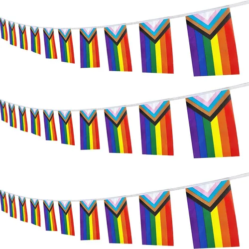 ZXvZYT Progress Rainbow Pride - Banderas de banderín pequeño de arcoíris gay LGBT para decoración de fiesta de orgullo (50 pies, 38 banderas)