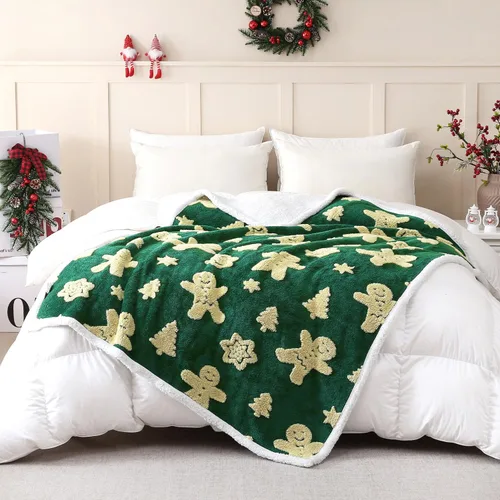 Miniatura 7 de SOCHOW - Manta de forro polar sherpa con jacquard navideño de jengibre, manta de felpa reversible, cálida y difusa, muy suave, para la cama, el sofá
