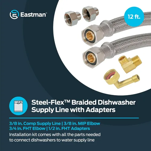 Miniatura 2 de Eastman Kit de instalación para lavavajillas, línea de suministro de acero inoxidable trenzado de 12 pies con adaptadores, extremos de compresión