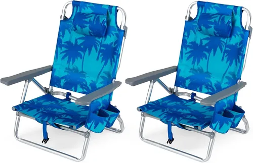 Miniatura 38 de Goplus Silla de playa, mochila plegable para adultos, sillas de playa con posiciones ajustables, almohada para la cabeza, bolsa refrigeradora