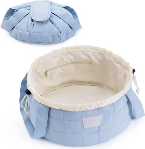 Miniatura 8 de Bolsa de maquillaje con cordón en forma de barril grande, bolsa de cosméticos, organizador de artículos de tocador para mujeres, A-Negro