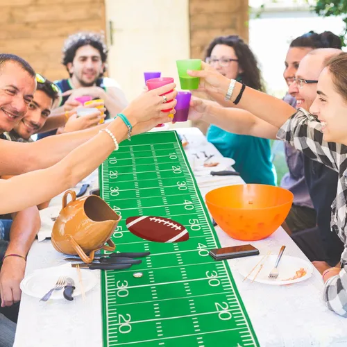 Miniatura 6 de Tegeme 2 piezas de camino de mesa de fútbol americano, decoraciones desechables de lino, mantel rectangular verde para cumpleaños, decoración