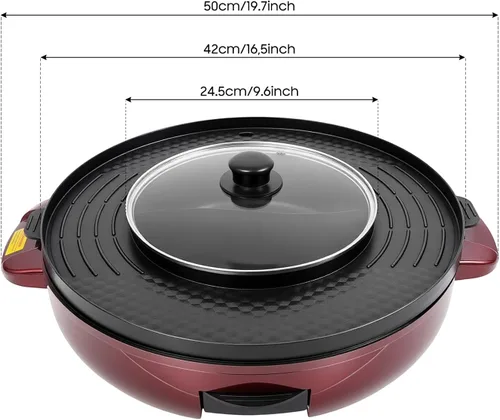 Miniatura 8 de Olla caliente con parrilla, olla eléctrica 2 en 1 de 2000 W con doble control de temperatura, parrilla multifuncional sin humo Shabu Shabu Pot Rojo