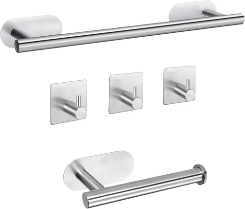 Miniatura 10 de JiGiU Toallero de 16 pulgadas, juego de accesorios de baño autoadhesivos con soporte para papel higiénico y 3 paquetes de ganchos para toallas, kit