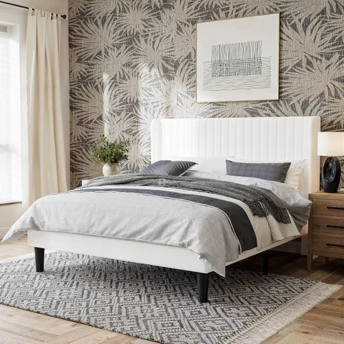 Miniatura 17 de GOLDORO Base de cama tapizada de tamaño matrimonial con cabecera de ala capitonada de canal vertical, soporte de listones de madera, no necesita