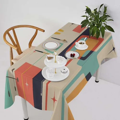 Miniatura 22 de Mantel retro moderno de mediados de siglo, diseño de colores retro de los años 50, resistente al agua, mantel lavable para cocina, comedor, fiesta