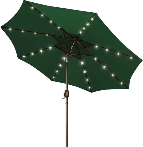 Miniatura 17 de Blissun - Sombrilla solar de 9 pies, 32 luces LED, parasol de mesa para patio, jardín, cubierta, piscina y playa (gris)