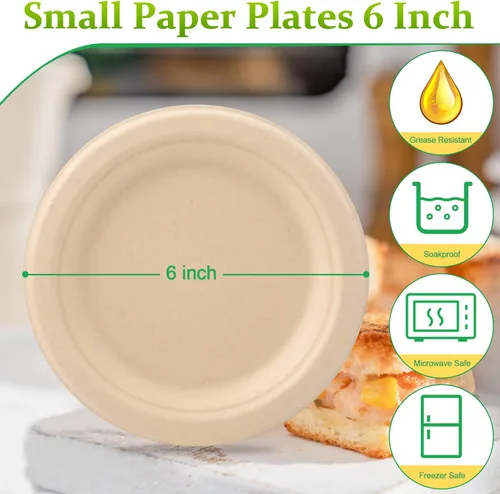Miniatura 2 de Paquete de 100 platos de papel pequeños, platos de papel de 6 pulgadas a granel, platos de papel 100% compostables, platos desechables ecológicos