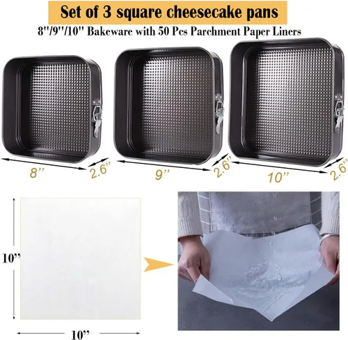 Miniatura 2 de Lemengtree Springform - 3 moldes antiadherentes cuadrados de 8 pulgadas, 9 pulgadas, 10 pulgadas, molde para pastel de queso con 50 forros de papel