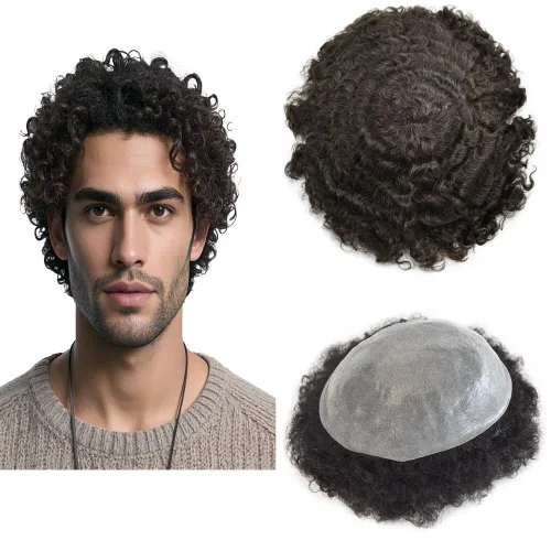 Miniatura 20 de Unidades de cabello afro para hombre, tupé, meave, afro tupé para hombre, sistema de reemplazo de cabello humano rizado, postizo de 0.787 in, 1#