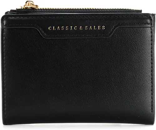 Billeteras delgadas y pequeñas de cuero con bolsillo, tarjetero, plegable, triple, monedero para mujer con cremallera (negro)