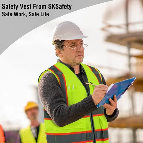 Miniatura 9 de SKSAFETY Chaleco de seguridad de 10 bolsillos, clase 2 de alta visibilidad con cremallera, chaleco de alta visibilidad con tiras reflectantes