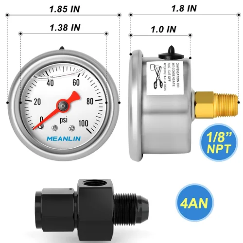 Miniatura 2 de MEANLIN MEASURE - Manómetro de acero inoxidable relleno de glicerina de 0~100 psi, esfera con cara de 1.5 pulgadas, NPT de 1/8 de pulgada