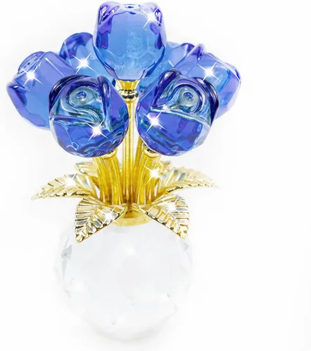 Figura de flor de rosa de cristal con jarrón redondo, flores de cristal, flores de vidrio con tallos, figura de cristal de rosa de cristal, regalos