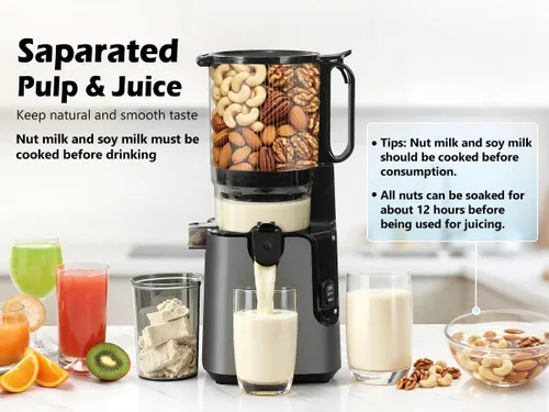 Miniatura 4 de Máquinas exprimidoras con canal de alimentación grande de 5.8 pulgadas, exprimidor de prensa en frío para verduras y frutas enteras de 400 W, Gris
