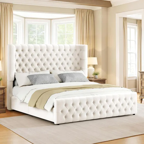 Jocisland Base de cama tapizada tamaño Queen con cabecera curvada de 6.3 pulgadas, estribo copetudo, listones de madera, no necesita somier,