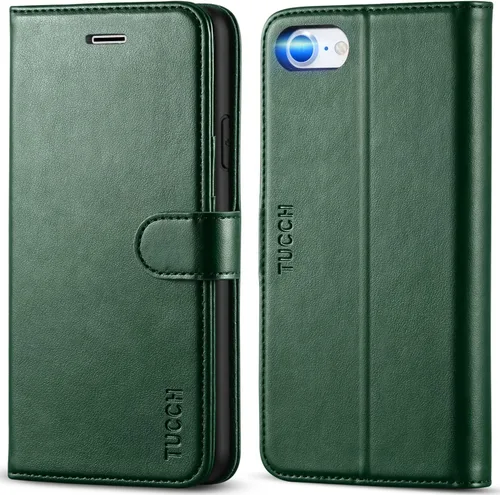 Miniatura 13 de TUCCH Funda tipo cartera para iPhone SE 2022/SE 2020/iPhone 8/7, tarjetero con función atril de piel sintética, magnética, funda protectora de Negro