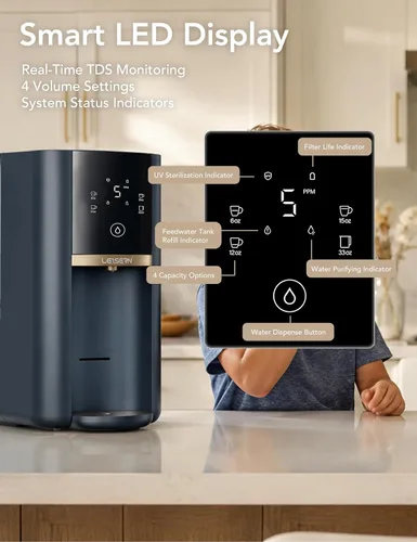 Miniatura 6 de LEYSERN Filtro de agua de ósmosis inversa de mostrador, sistema de filtración de agua RO de 5 etapas con UV, proporción pura a drenaje de 4:1, base