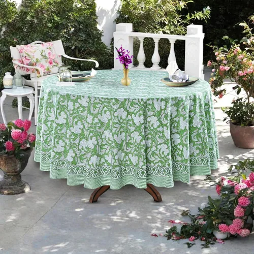 Miniatura 3 de Ridhi Mantel redondo con estampado de bloque a mano, 100% algodón, reutilizable, verde salvia, 90 pulgadas, mantel decorativo para uso diario