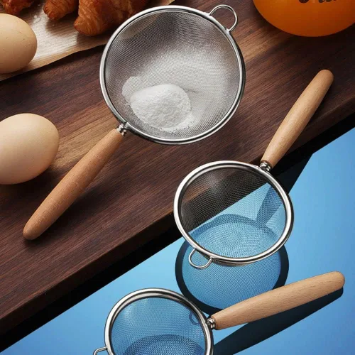 Miniatura 2 de Colador de doble malla fina de acero inoxidable con mango de madera para alimentos, arroz, pasta, harina, colador de harina, tamiz de cocina