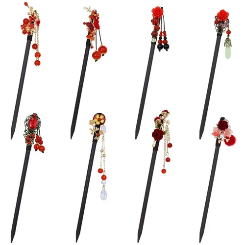 Miniatura 12 de inSowni 8 piezas vintage retro asiático, japonés, chino, tradicional, Hanfu con flores de madera con colgantes de cuentas, horquillas