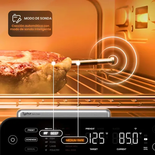 Miniatura 3 de Typhur Horno de sincronización con sonda de termómetro inalámbrico inteligente de carne, freidora de aire 12 en 1, combo de horno tostador, Acero