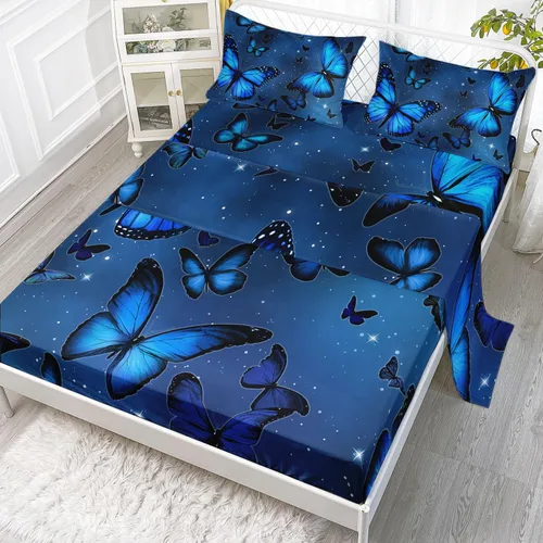 Datura home Bedding - Juego de sábanas bajeras y sábanas encimeras, 4 piezas, estampado de mariposas azules, juego de ropa de cama con 1 sábana