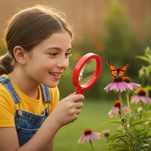 Miniatura 5 de Lupa para niños con soporte, lupa de mano 5X, lupa portátil, lupa de aumento para niños para juegos de exploración, lectura, observación al aire Rojo