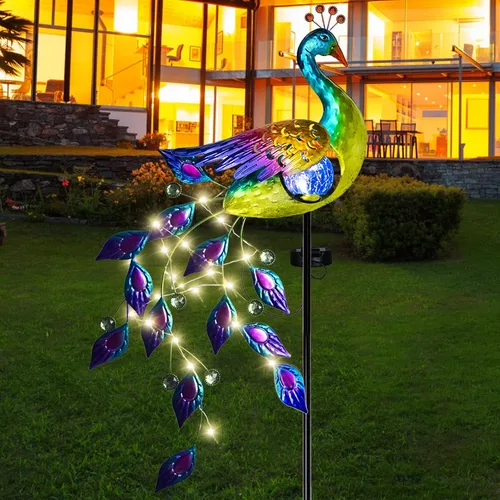 Miniatura 10 de DREAMSOUL Estacas de luz solar de jardín de pavo real de metal al aire libre decorativas - Luz de camino LED solar impermeable de pavo real