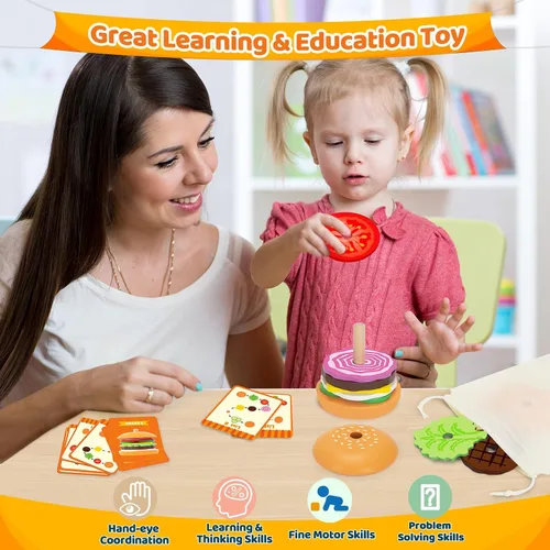 Miniatura 6 de Jumlys Montessori Juguetes de Madera Apilables de Hamburguesa para Niños de 2, 3, 4, 5 Años, Juguetes de Motricidad Fina para Niños y Niñas