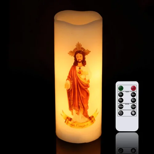 Miniatura 7 de Wondise Vela de oración devocional parpadeante sin llama con control remoto y temporizador, funciona con pilas, vela votiva LED de cera real