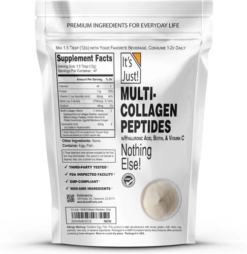 Miniatura 2 de It's Just! - Péptidos de colágeno múltiple (tipos I, II, III, V, X) con vitamina C, biotina, ácido hialurónico, sin sabor añadido, probado