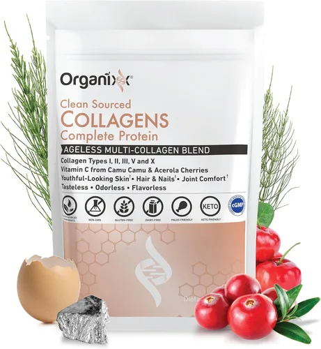 Miniatura 2 de Polvo de péptidos de colágeno Organixx con vitamina C, tipos I, II, III, V, X de colágeno hidrolizado, para la salud del cabello, uñas, piel, huesos