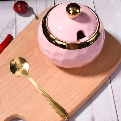 Miniatura 3 de Azucarero de cerámica con cuchara, tarro de azúcar con borde dorado, recipiente de sal de cerámica en forma de golf con tapa para el hogar